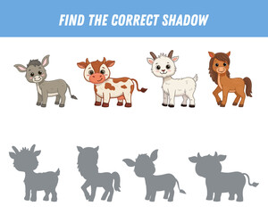 Find correct shadow of cute cartoon animal. Educational logical game for kids. Funny farm animal. Donkey, goat. cow.horse. Vector illustration