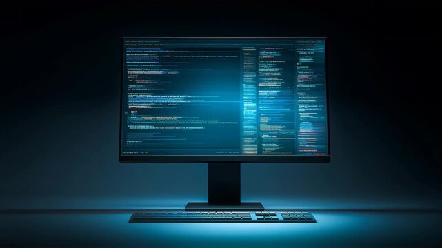 ディスプレイに流れる青色の端末画面表示多数