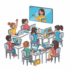 Children attending an online class with a teacher on a screen.