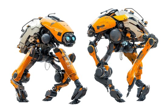 Futuristic robots working together isolated on transparent background