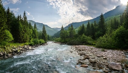 Obraz premium Mountains River In Forest