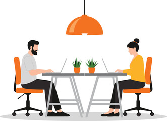 Modern office workspace, coworking desk setup, two people working, laptop users, minimalist design, orange chairs, pendant light, indoor plants, productivity, teamwork