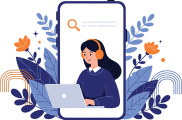 Online learning illustration, virtual workspace, laptop user, smartphone screen, orange headphones, search bar, vibrant design, remote study, tech lifestyle, digital education