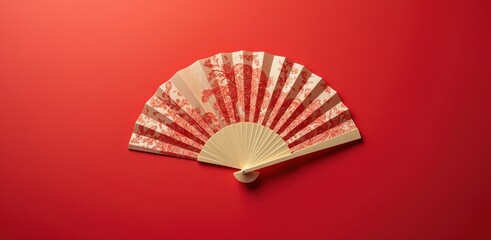 Elegant red and gold traditional japanese folding fan on a vibrant red background