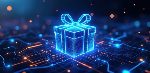 Glowing neon gift box on futuristic digital circuit board