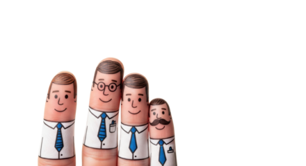 Four human fingers with hand-drawn male business cartoon faces (shirts, ties, glasses, mustache) on transparent, 'TEAMWORK!' text above. Concept of business team unity