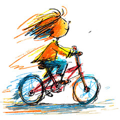 Fototapeta premium A Child Riding A Bicycle Childlike Drawing