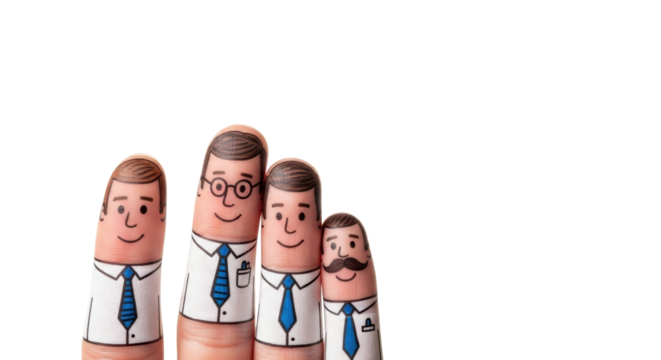 Four human fingers with hand-drawn male business cartoon faces (shirts, ties, glasses, mustache) on transparent, 'TEAMWORK!' text above. Concept of business team unity