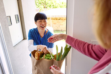 Doctor or nurse caregiver woman with senior woman at home or nursing home, a caregiver standing on the front door arriving and holding groceries in a shopping bag