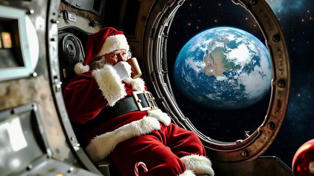 A santa claus sitting in a space station looking out of a window at the earth