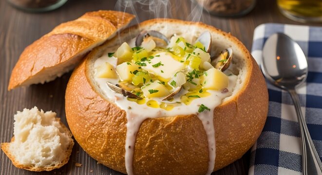 Clam chowder in bread bowl.