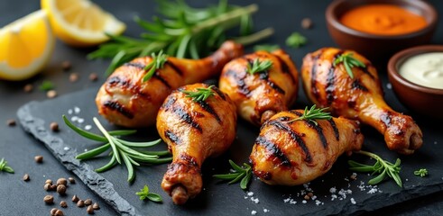 Delicious grilled chicken drumsticks with herbs and sauces