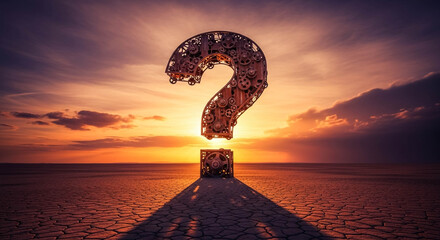 Rusted Metal Question Mark in Desert Landscape at Sunset