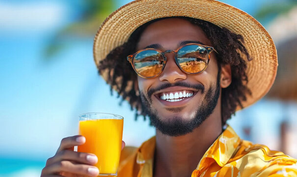 Smiling man enjoying tropical drink on beach with sunglasses and straw hat, isolated on white background