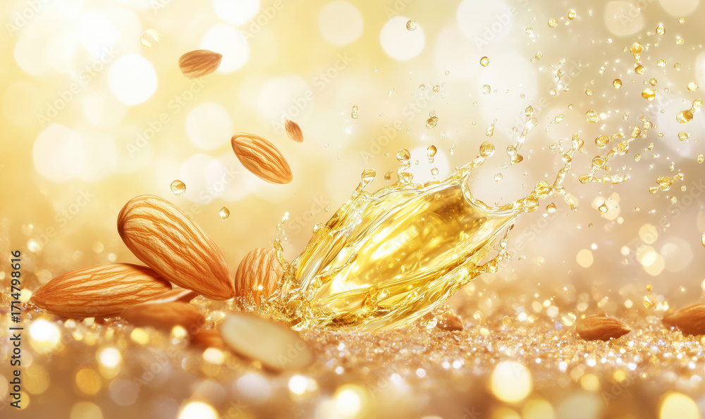 Aufkleber almonds and oil splashing in golden background with bokeh effect, image with copy space
