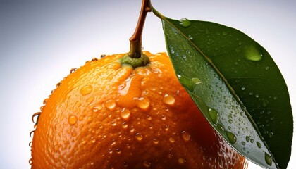 Vibrant Orange Freshness A Close Up Shot Of A Juicy Orange Fruit With A Single Leaf Adorned With Water Droplets Creating A Refreshing Visual