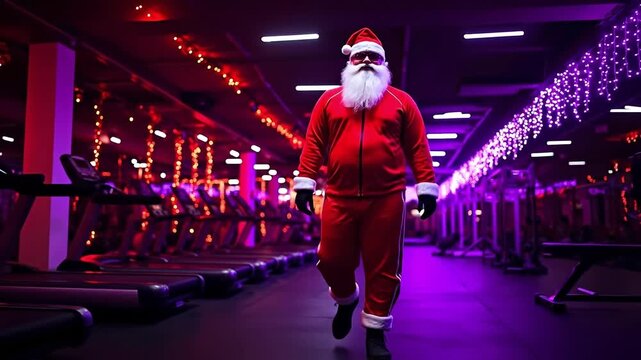 A man dressed as Santa Claus running on a treadmill in a gym