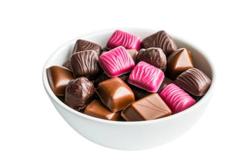 Assorted candy coated chocolates in white bowl isolated on transparent background