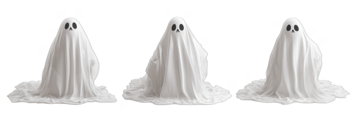 Playful ghost figures with skull faces in white sheets for Halloween decoration, detailed object