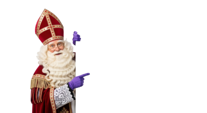 Elderly caucasian Sinterklaas with long white beard, opulent red and gold robe, purple gloves, peeking from large white sign, pointing to copy space, gentle studio portrait concept for holiday