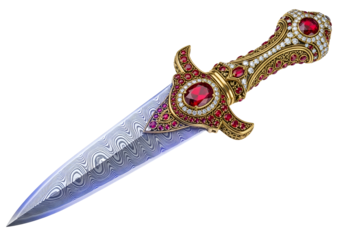 A meticulously crafted dagger, adorned with vibrant rubies and diamonds, boasts a stunning damascus blade against a striking black background.