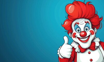 Cheerful clown character giving thumbs up with vibrant blue background, image with copy space