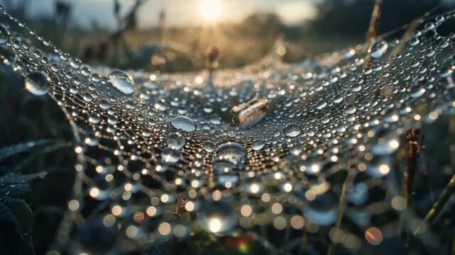 Intricate spiderweb glistening with morning dew drops at sunrise, a magical macro view of nature's beauty