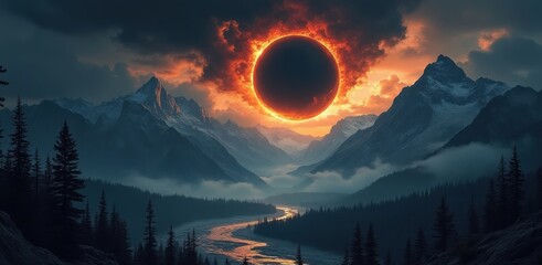 Mysterious fiery portal opens above majestic mountain landscape