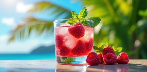 Refreshing strawberry drink with mint and tropical background