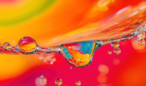 Colorful water droplets with vibrant background creating abstract art effect, high quality image