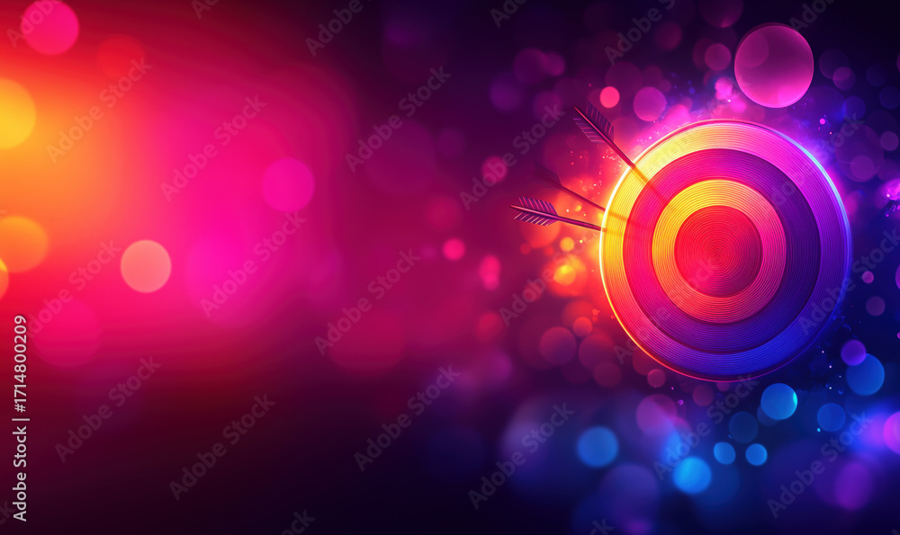 Poster colorful abstract target with arrows on vibrant bokeh background for creative designs, for template 