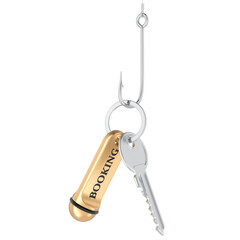 Hotel booking key on fish hook. Concept of scam, phishing, reservation fraud. 3D rendering
