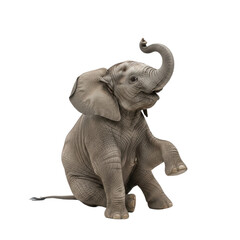 Obraz premium A juvenile elephant with grey skin & fanning ears, playfully seated with a lifted leg and curled trunk, isolated on a transparent studio background with soft high-key lighting, concept of playful