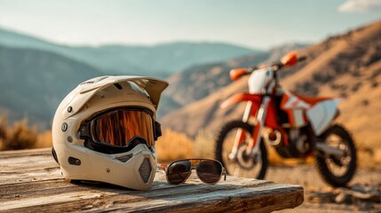 Off-road motorcycle helmet and sunglasses