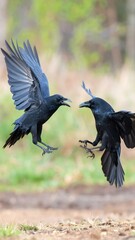 Obraz premium Two black crows in mid-flight, confronting each other