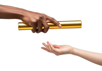 Extreme close-up of an athletic deep brown hand releasing a gleaming golden relay baton to a poised fair hand, isolated on transparent, studio light, sharp focus concept of teamwork and trust