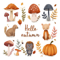 Autumn forest creatures and fungi isolated on transparent background