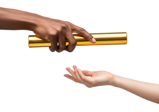 Extreme close-up of an athletic deep brown hand releasing a gleaming golden relay baton to a poised fair hand, isolated on transparent, studio light, sharp focus concept of teamwork and trust - Powered by Adobe