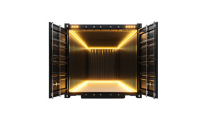 Illuminated shipping container with open doors showcasing modern design and lighting, isolated on transparent background