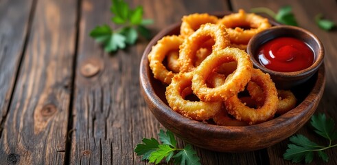 Crispy golden onion rings served with ketchup in a rustic bowl