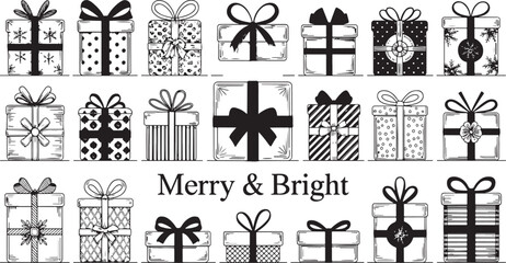 Hand-Drawn Merry & Bright Christmas Gift Boxes: Variety of Wrapped Presents Icons.