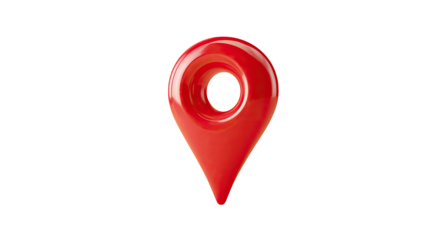 Bright red shiny location pin marker symbol with glossy 3D style, digital navigation map pointer illustration isolated on white background