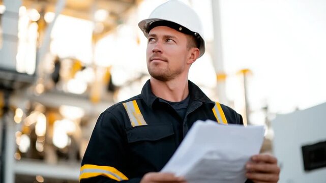 A focused worker in safety gear reviews technical papers amidst a sunset-lit industrial setting of steel beams and pipes.