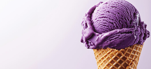 Delicious purple ice cream scoop in waffle cone with soft texture and vibrant color, detailed image