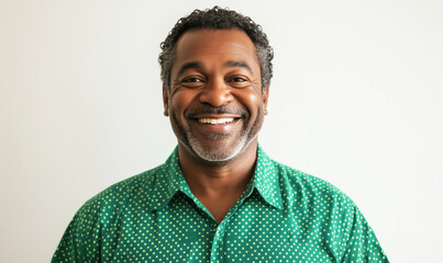 Obraz premium Smiling man with curly hair wearing green polka dot shirt against white background, close up detail
