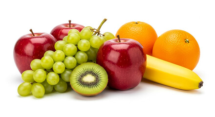 Fresh Fruits on White Background Including Apples, Grapes, and Kiwi