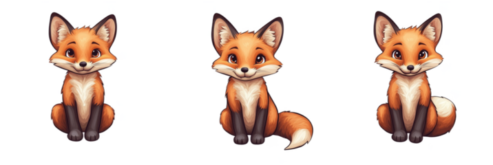 Cute cartoon fox character illustrations with expressive faces and fluffy tails, detailed object