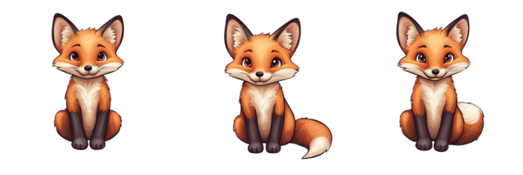 Cute cartoon fox character illustrations with expressive faces and fluffy tails, detailed object