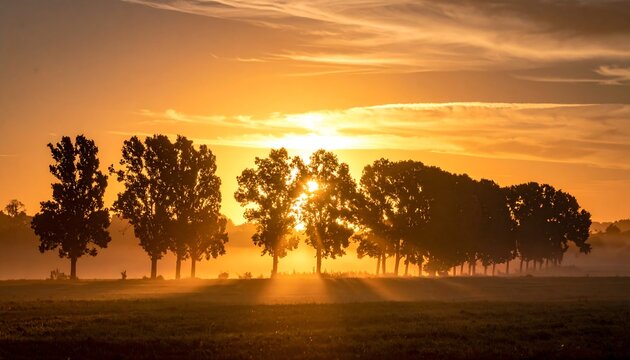 Golden sunrise through trees in a misty field - Powered by Adobe