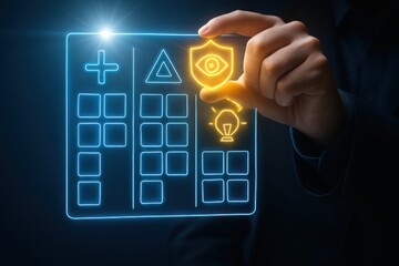 Hand selecting a glowing shield icon on a digital interface